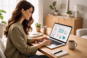 Mulher empreendedora trabalhando no notebook criando um site profissional do zero em escritório moderno