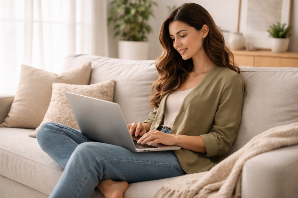 Mulher empreendedora no sofá usando notebook enquanto pesquisa quanto custa criar um site profissional